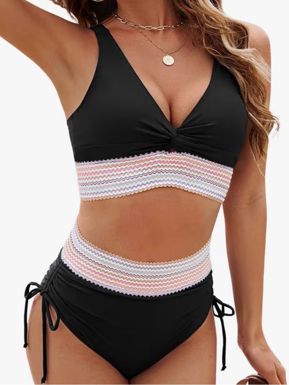 NEW Black High-Waist Bikini Set with Pastel Chevron Trim Medium
